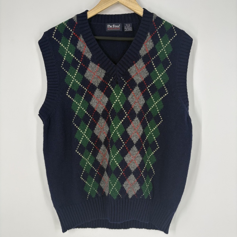 Vintage‎ Par Four Sweater Vest Mens XL Blue Argyle V Neck Golf Knit Acrylic